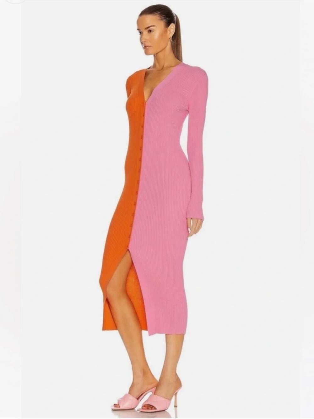 STAUD Two-Tone Ribbed Button-Front Midi Dress in Pink & Orange